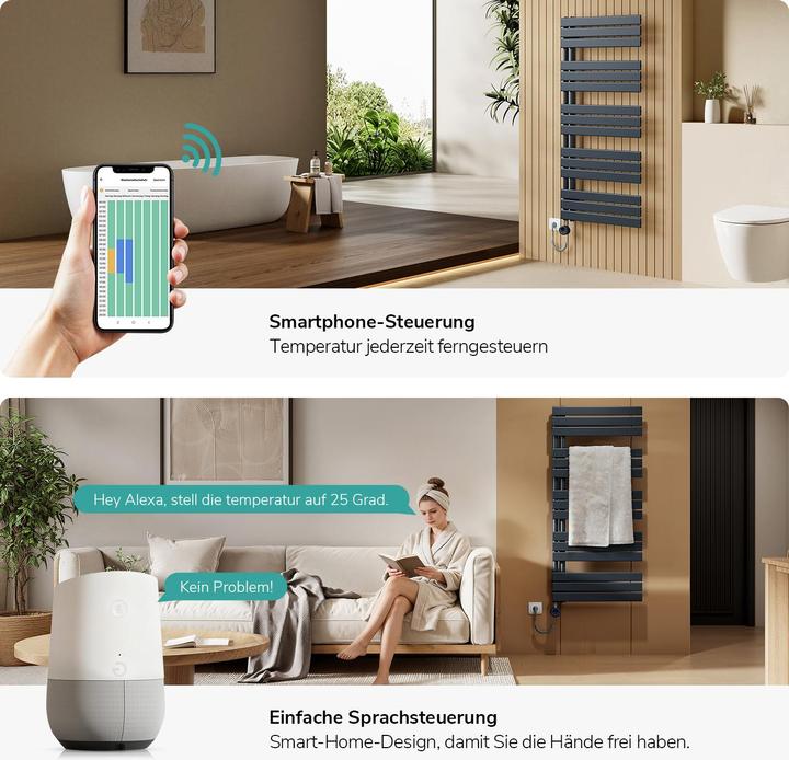 Produktbild Emke Elektrischer Handtuchwärmer mit Heizstab und Timer, Anthrazit 1320x600mm 800W (800 W)