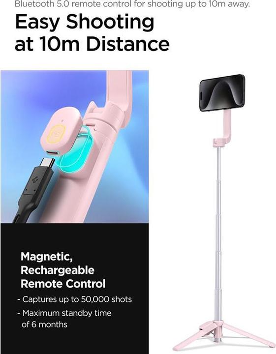 Actual product image Spigen Selfiestick S570W MagSafe Tripod Bluetooth misty rose AMP06403