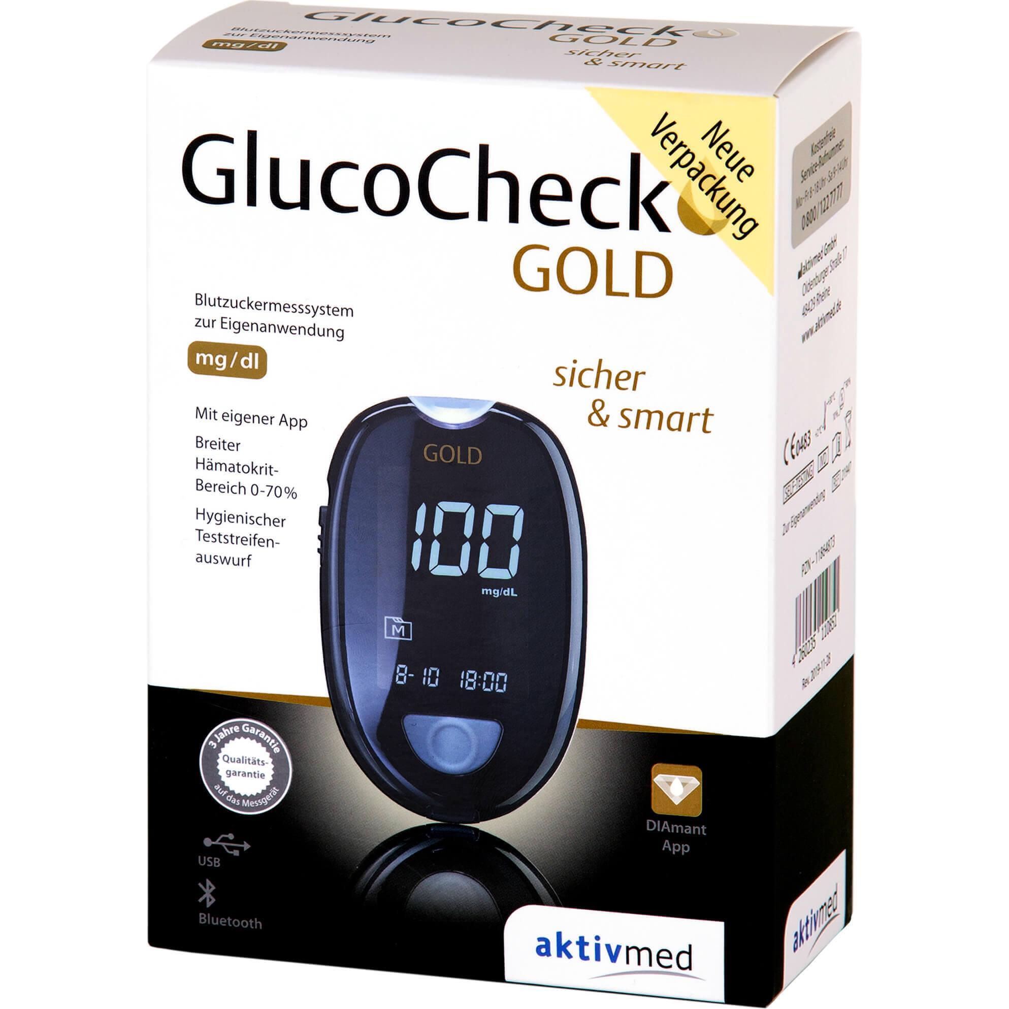 Aktivmed, Bluttest, GlucoCheck GOLD Blutzuckermessgerät Set mg/dl, 1 St (Blutzuckermessgerät)