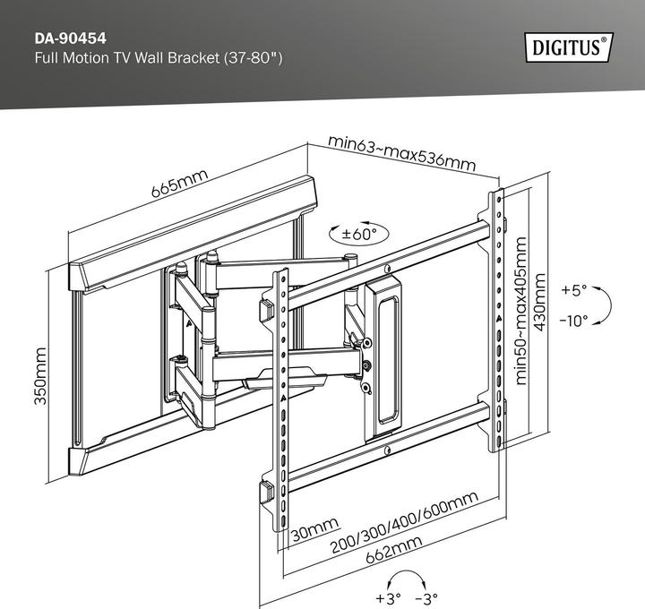 Immagine prodotto Digitus Montaggio a parete 600x400 -60kg 37-80"/movimento completo/inclinazione/rotazione (Muro, 60 kg, 37" - 80")