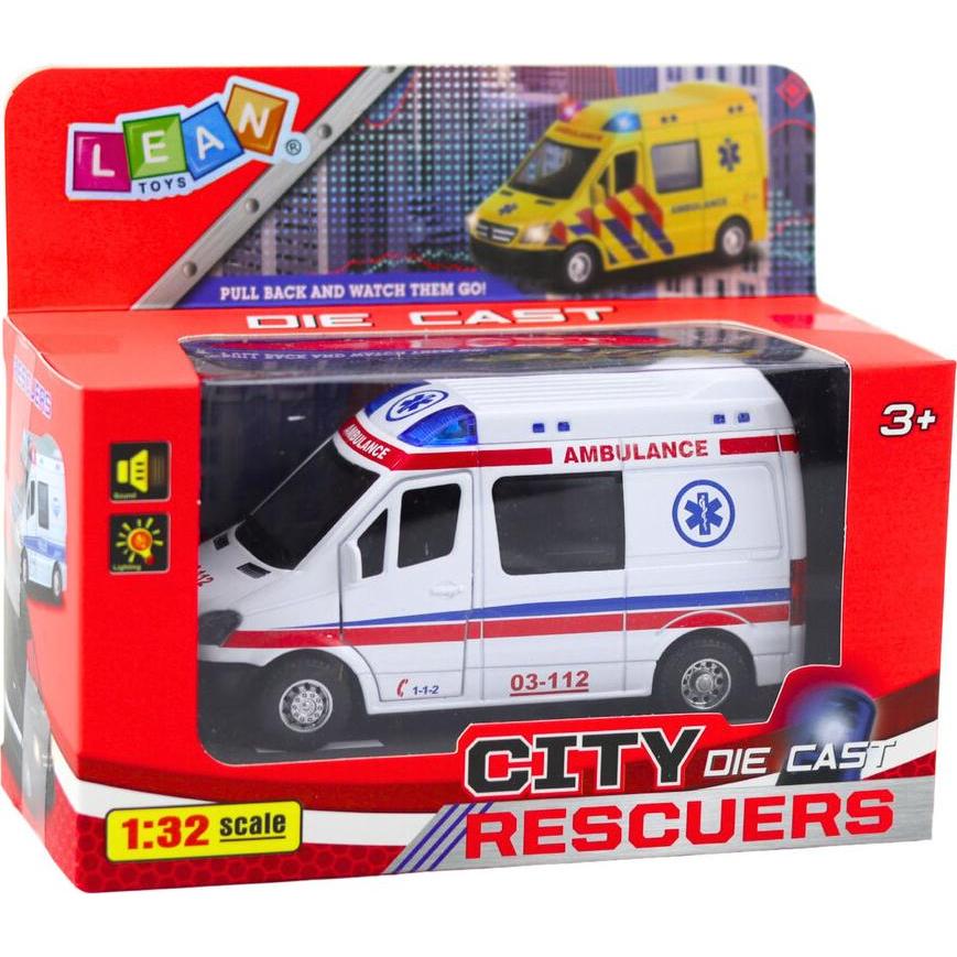 Lean Toys Lean Metal Ambulance Mit Pull Back Drive Lights Sounds White 1:32