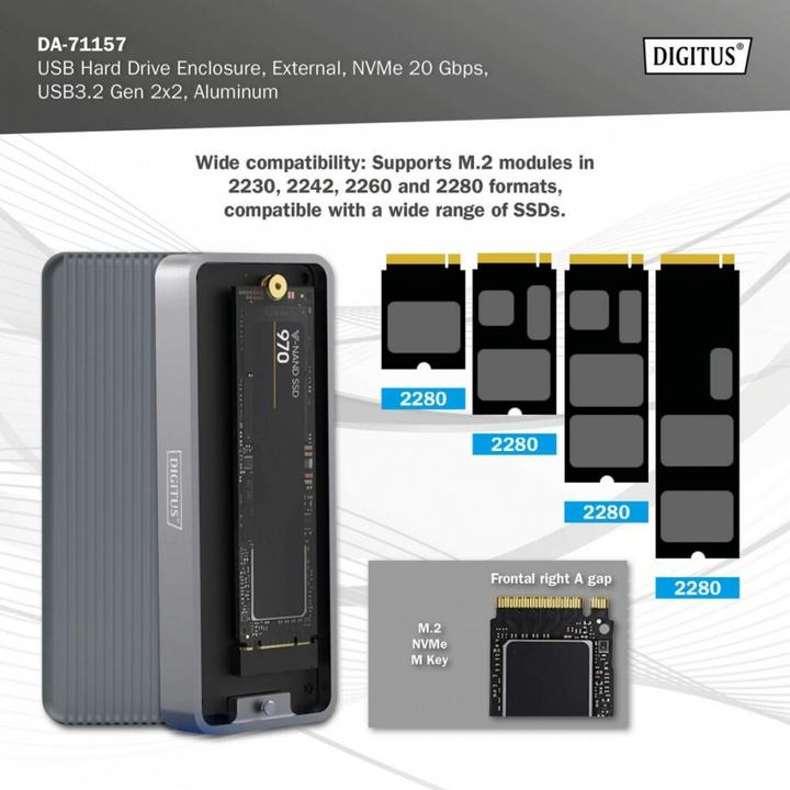 Actual product image Digitus USB M.2 hard disk enclosure, SSD, external, NVMe, 20Gbps, USB 3.2 Gen2x2, aluminum, incl. mounting (M.2 2230, M.2 2242, M.2 2260, M.2 2280)
