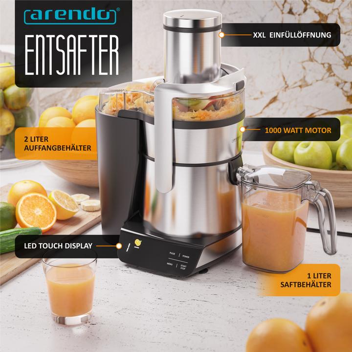 Actual product image Arendo Zentrifugalentsafter,1000W, Edelstahl, XXL-Einfüllschacht, Programme, BPA-frei, Display, Tropfstopp