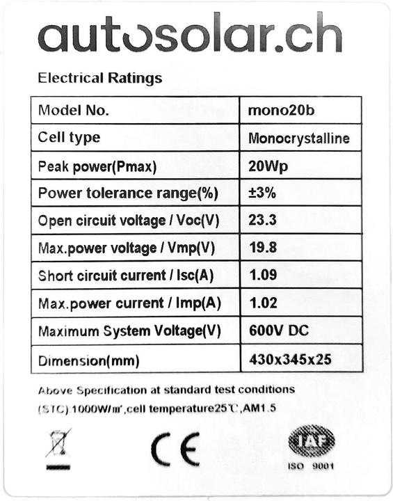 Produktbild Autosolar 20 Watt Solarpanel - Black (20 W, 1.69 kg)