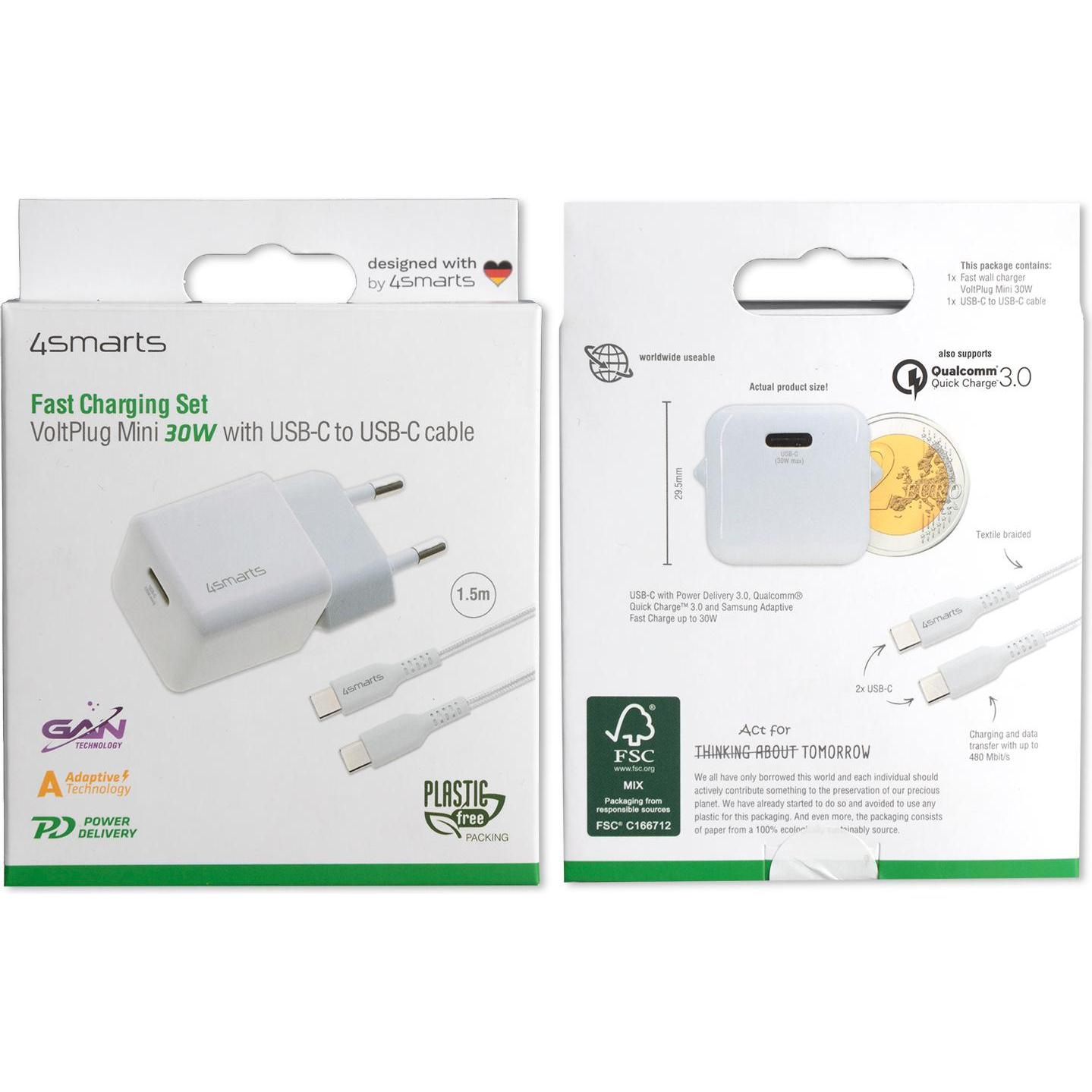 Thumbnail - 4smarts USB-Wandladegerät VoltPlug Mini PD 30W mit USB-C zu USB-C (30 W), USB Ladegerät, Weiss