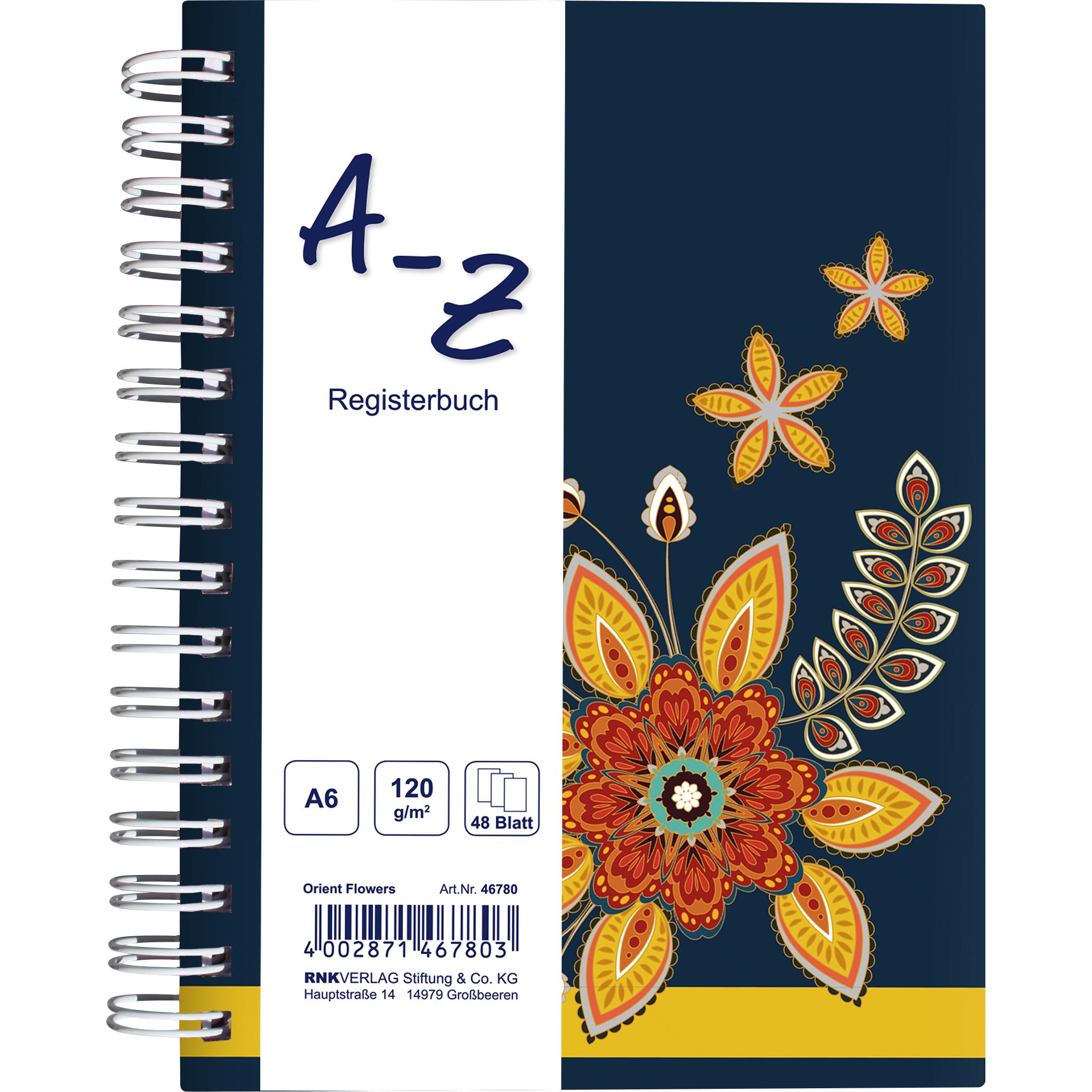 Rnk, Heft + Block, Notizbuch mit Register A-Z "Orient Flowers", DIN A6, 48 Blatt (A6, Liniert, Harter Einband)