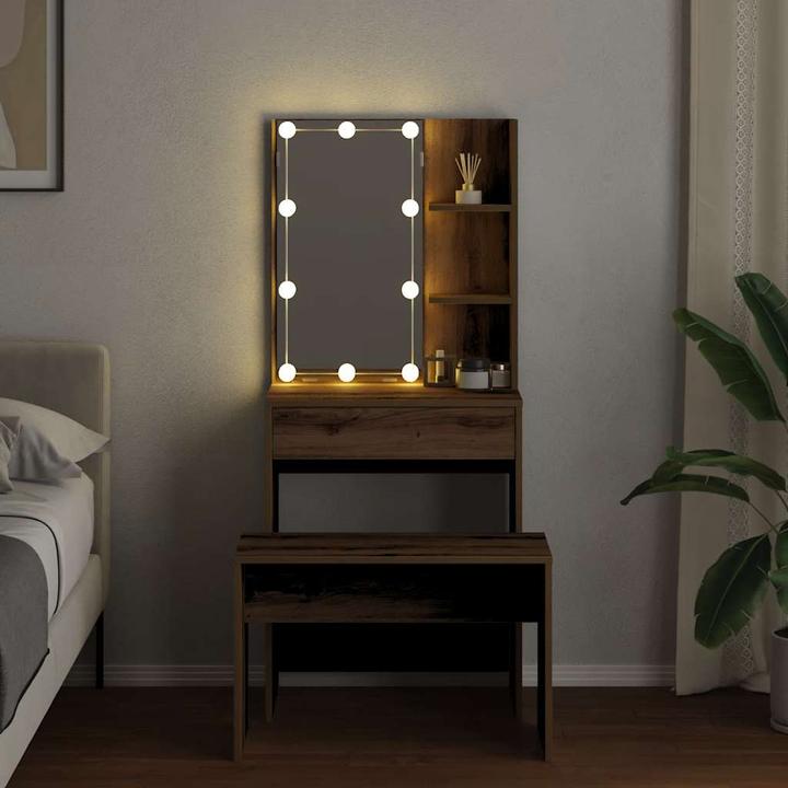 Actual product image VidaXL Schminktisch-Set mit LED-Leuchten Artisan-Eiche Holzwerkstoff (60 x 40 x 140 cm)