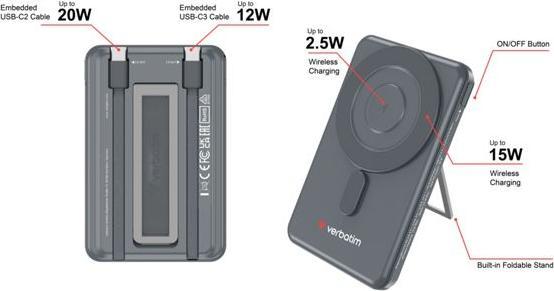 Produktbild Verbatim CnG 2C PB Wless 5000mAh Grey (5000 mAh, 20 W, 35.80 Wh)