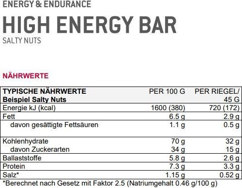Nährwerte und Zutaten Sponser High Energy Bar (Banane, 30 Stk., 1350 g)