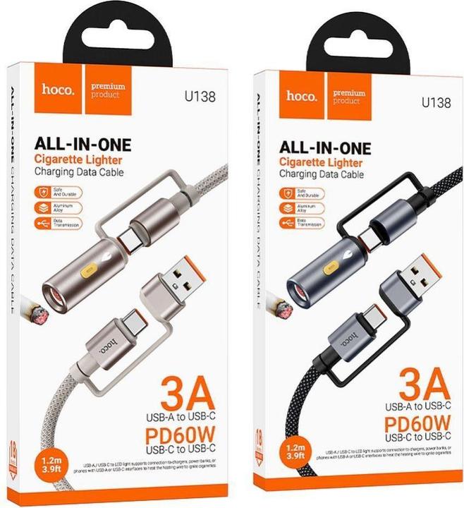 Produktbild Hoco Cable cable All-in-one USB A / Type C to Type C / Cigarette lighter 3A 60W U138 1,2 m grey (1.20 m, 60 W)