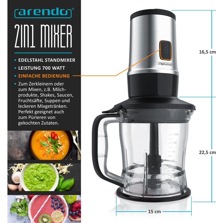 Immagine prodotto Arendo Impastatrice 700 W, frullatore e tritatutto in acciaio inox 1,2L 2IN1 incl. 2x vasi per frullatore (1200 ml, 700 W)