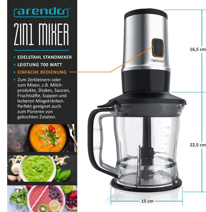 Immagine prodotto Arendo Impastatrice 700 W, frullatore e tritatutto in acciaio inox 1,2L 2IN1 incl. 2x vasi per frullatore (1200 ml, 700 W)