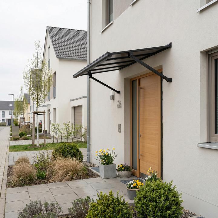 Actual product image Palram Canopia | Augustine 4.8ft Door Awning Black Structure / Opaque Grey Panels