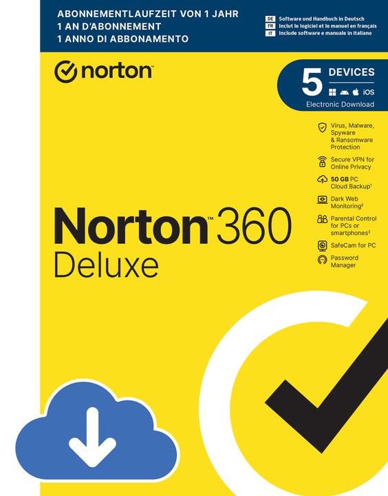 Produktbild Norton 360 Deluxe (5 Devices, 50GB) (1 User, 5 Geräte/User, 12 Monate)