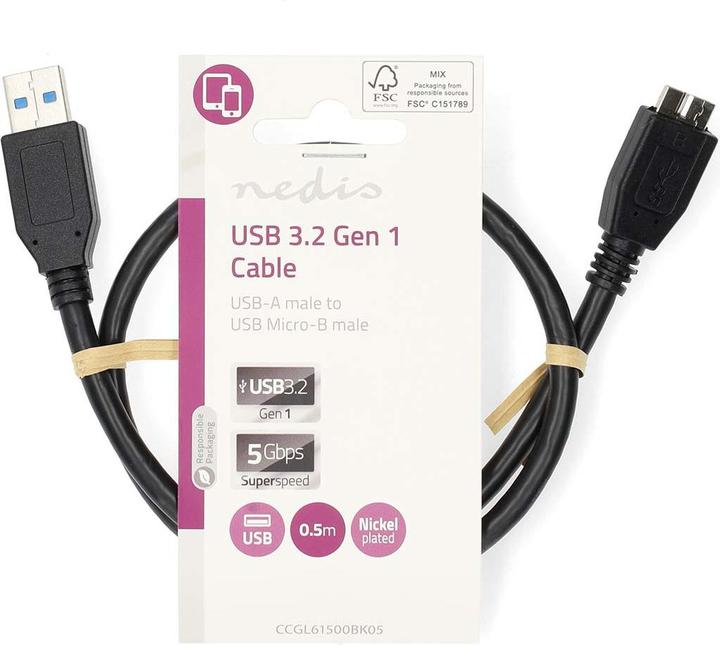Actual product image Nedis USB cable | USB 3.2 Gen 1 | USB-A plug | USB Micro-B plug | 5 Gbps | Nickel-plated | 0.50 m (0.50 m)