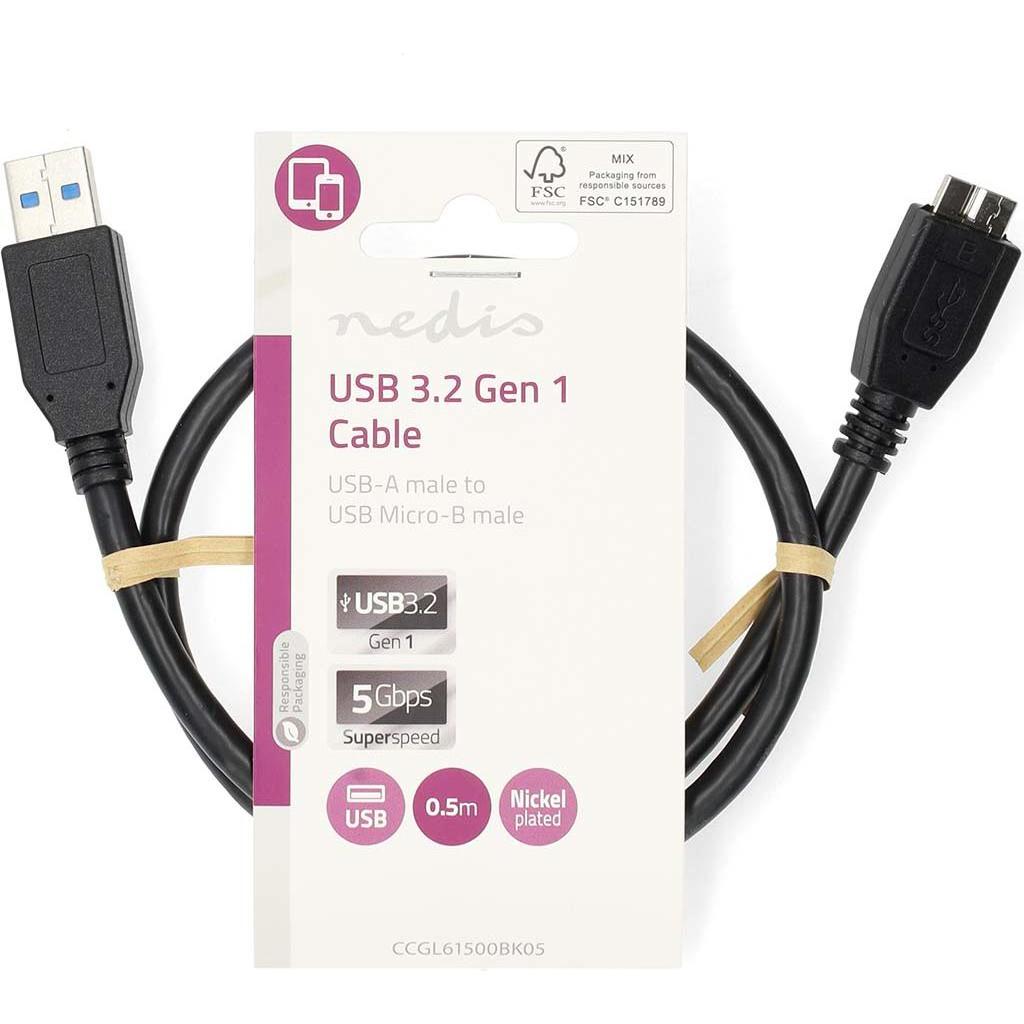 Thumbnail - Nedis USB-Kabel USB 3.2 Gen 1 USB-A Stecker USB Micro-B Stecker 5 Gbps Vernickelt 0.50 m (0.50 m, USB 3.2 Gen 1), USB Ka...