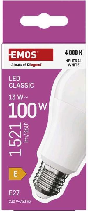 Image du produit Emos Lampe LED Classic A60 / E27 / 13 W (100 W) / 1521 lm / Blanc neutre (E27, 13 W, 1521 lm, 1 x, E)
