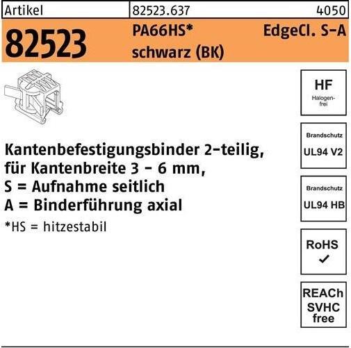 HellermannTyton Befestigungsbinder R 82523 m.Edgeclip 4,6 x 200/45 PA66HS schwarz seitlich-axial (200 mm, 500 Stk.)