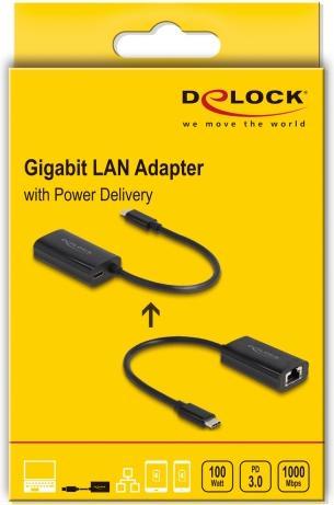 Produktbild Delock USB Type-C™ Adapter zu Gigabit LAN mit Power Delivery 100 Watt (USB-C, RJ45 (1x))