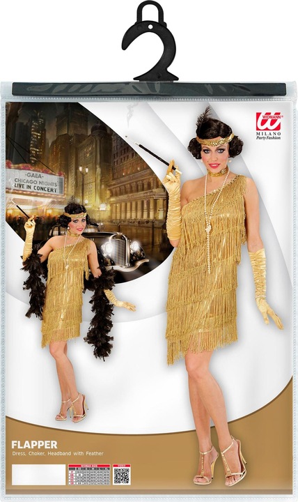 Immagine prodotto Widmann Abito Charleston oro con frange, girocollo, cerchietto e piume (XS, S, M, L, XL)