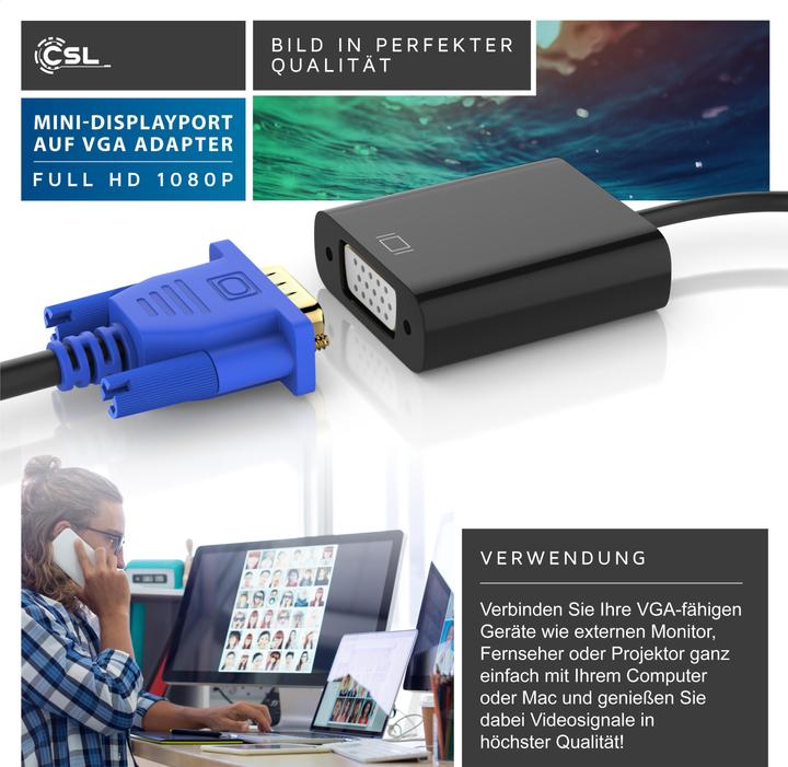 Produktbild CSL Mini DisplayPort zu VGA Video-Adapter, Full HD MiniDP Stecker zu VGA Buchse Adapter Kabel (VGA, 10 cm)