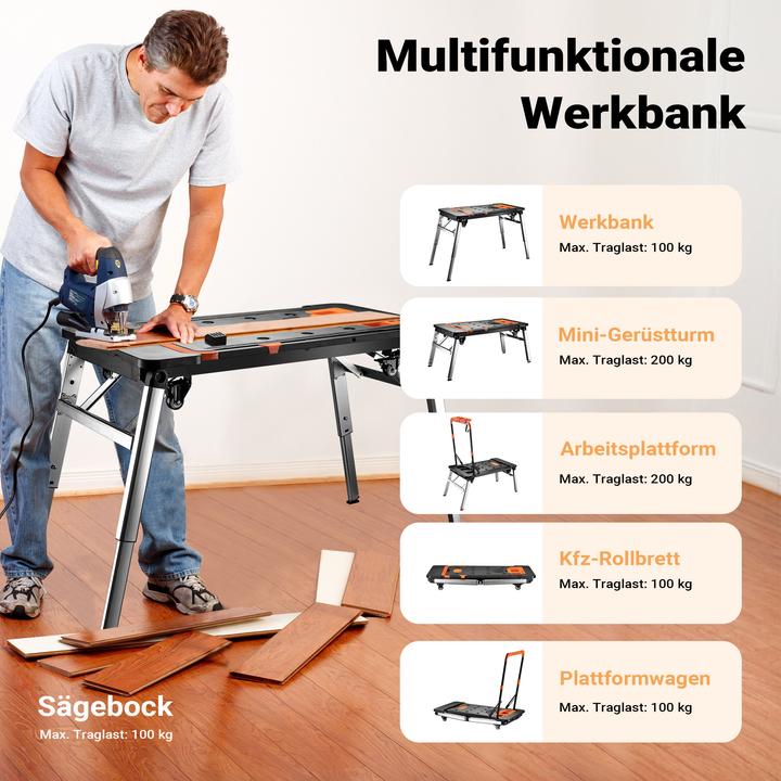 Image du produit Wiltec 7in1 Établi 139x59x78cm Chevalet de sciage 250kg Planche à roulettes Diable Établi (56 cm, 108.50 cm)