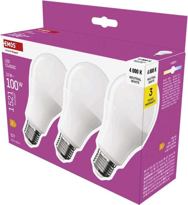Actual product image Emos LED lamp Classic A60 / E27 / 13 W (100 W) / 1521 lm / Neutral white (E27, 13 W, 1521 lm, 3 x, E)