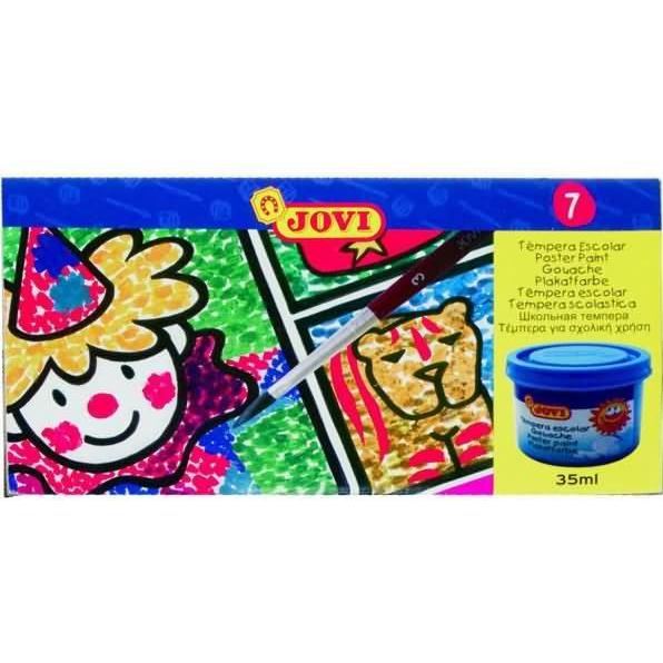 Jovi, Künstlerfarbe + Bastelfarbe, Plakatfarbe Tempera Schuleset VE=7 Farben a 35ml + Pinsel (Gelb, Braun, Weiss, Schwar...