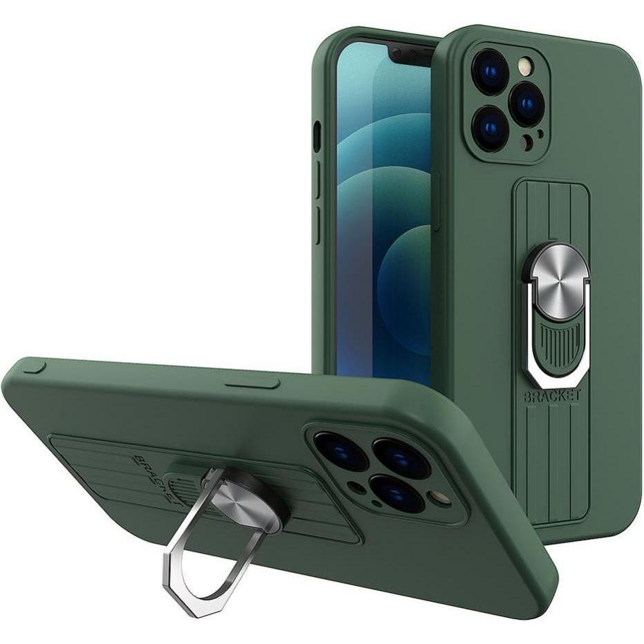 Hurtel Ring Case silicone case with finger grip and stand for iPhone 12 mini dark green (Apple iPhone 12 mini), Smartpho...