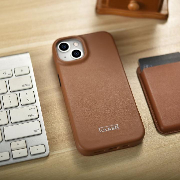Actual product image iCarer CE Premium Leather Folio Case iPhone 14 Plus Magnetic Flip Leather Folio Case MagSafe Brown ( (Apple iPhone 14 Plus)