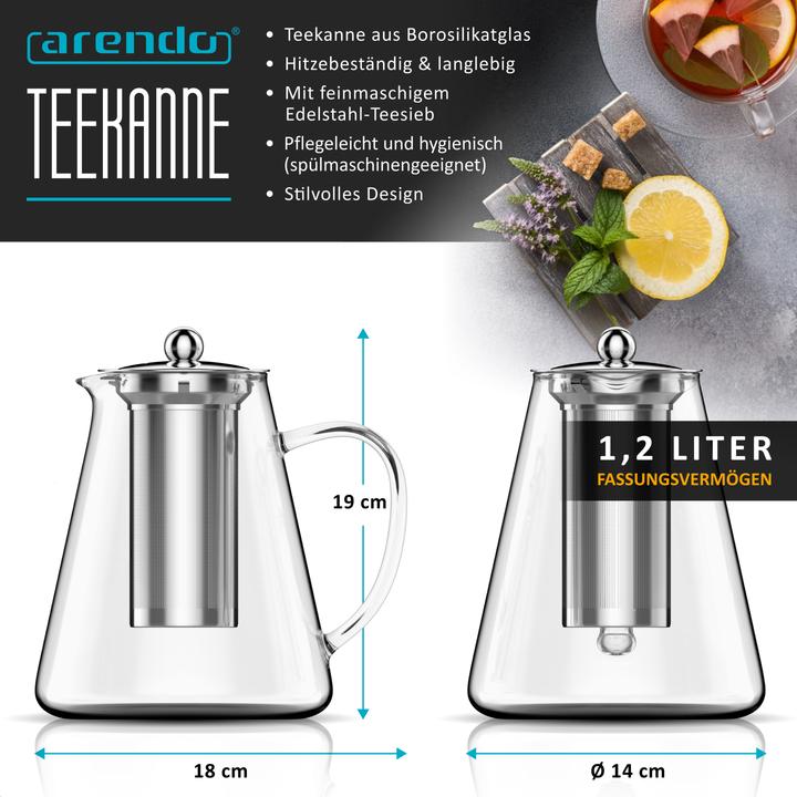 Produktbild Arendo Teekanne 1,2 L, Teebereiter Borosilikatglas, Teefilter Teesieb für losen Tee, Edelstahl Siebeinsatz (1.20 l)