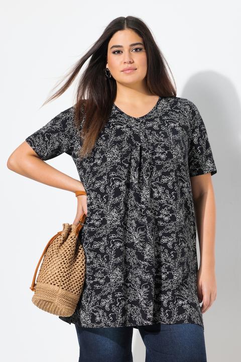 Produktbild Ulla Popken Longshirt, floraler Druck, V-Ausschnitt, Halbarm, Taschen (46, 48)