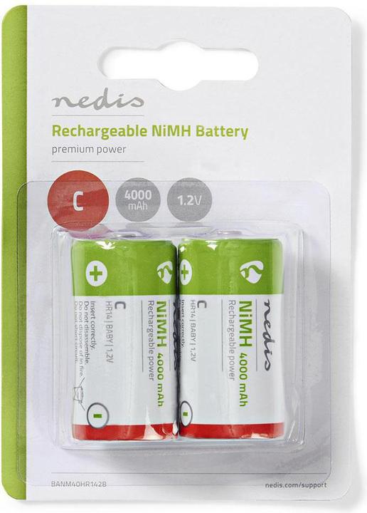 Image du produit Nedis Batterie rechargeable NI-MH C 1.2 V DC 4000 mAh préchargée 2 blisters HR14 Vert/Rouge (2 pcs, C, 4000 mAh)