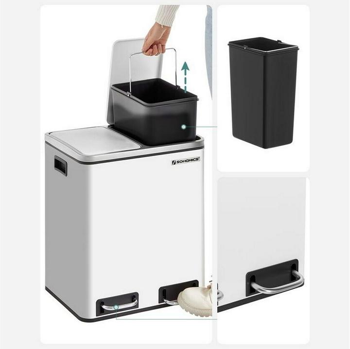Produktbild Songmics Abfalleimer mit Inneneimern und Griffen 2 x 15 l, Weiss (15 l)