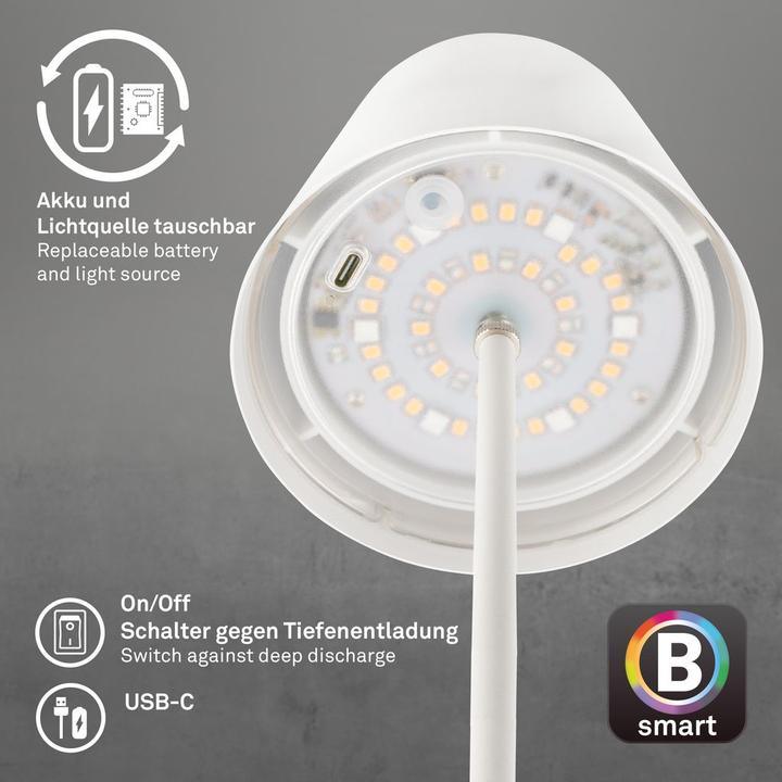 Image du produit Briloner COLORIS Smart Bluetooth RGB/W Lampe de bureau LED rechargeable, Blanc, App (300 lm)