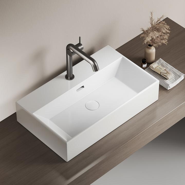 Produktbild Emke Aufsatzwaschbecken Keramik Waschbecken Eckiger Hängewaschbecken Waschtisch, Modernes Design für (360 mm, 600 mm)