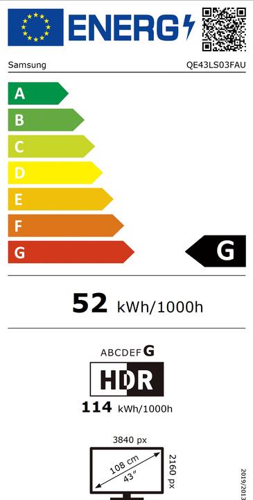 Energie-Label Samsung TV QE43LS03FAUXXH Lifestyle Rahmen TV (43", QLED, 4K, 2025, EU)