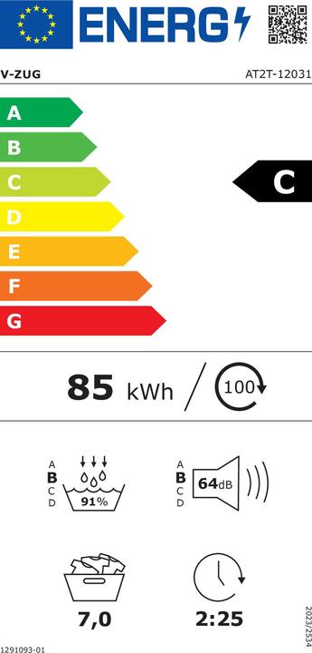 Energie-Label V-Zug Wäschetrockner AdoraTrocknen V2000 (7 kg, Rechts)