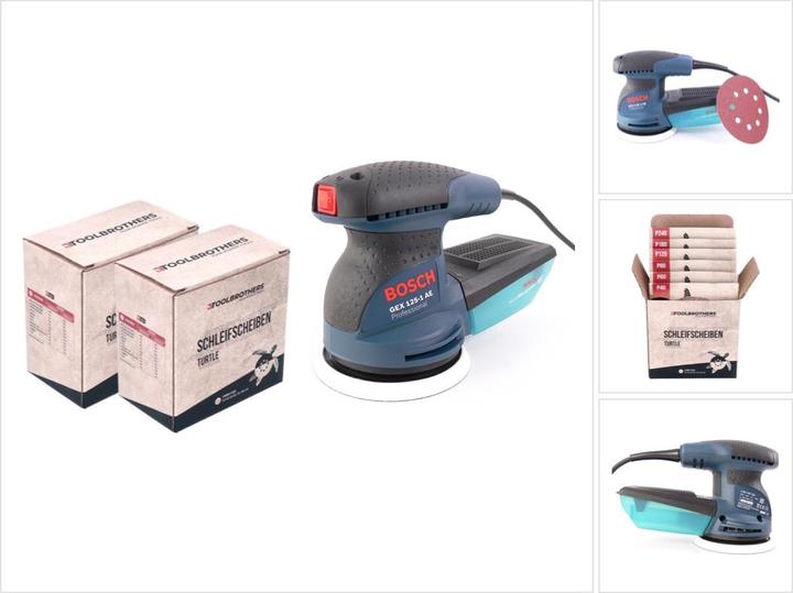 20x Toolbrothers TURTLE 125 mm P120, 20x Toolbrothers TURTLE 125 mm P40, 20x Toolbrothers TURTLE 125 mm P180, 20x Toolbrothers TURTLE 125 mm P240, 20x Toolbrothers TURTLE 125 mm P60, 20x Toolbrothers TURTLE 125 mm P80, 1x Bosch GEX 125-1 AE excentrische schuurmachine, 1x schuurpapier K80