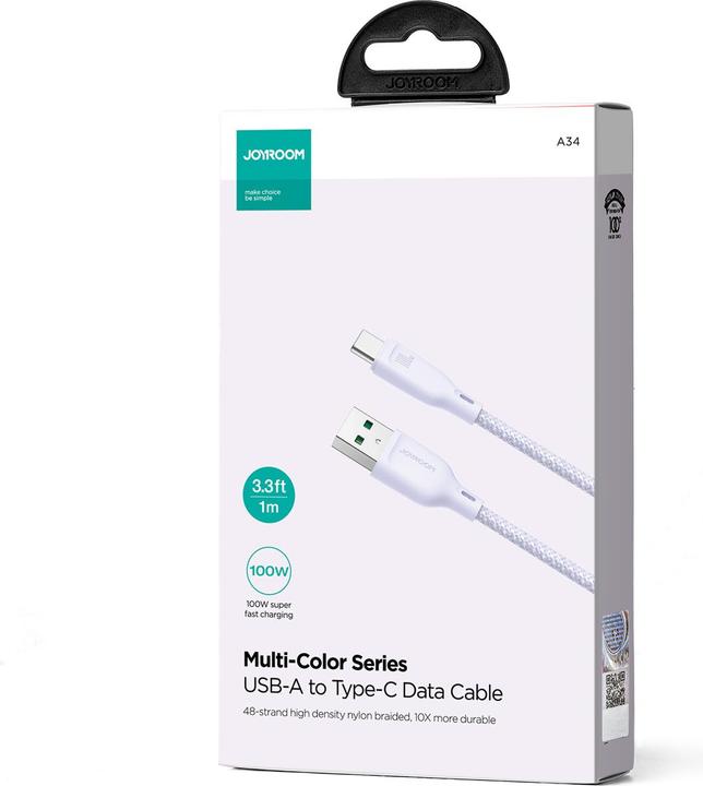 Actual product image Joyroom Multi-Color Series SA34-AC6 USB-A / USB-C Cable 100W Fast Transfer 1m - Purple (1 m, USB 3.2 Gen 1, 100 W)