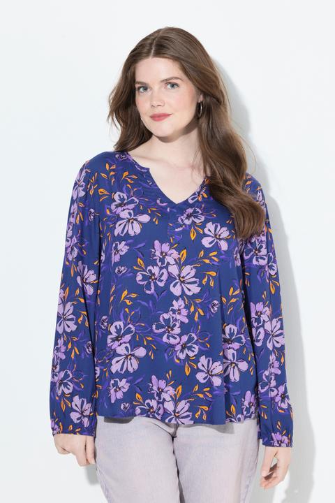 Image du produit Ulla Popken Blouse à fleurs, coupe évasée, décolleté en V et manches longues (42, 44)