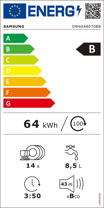 Etichetta energetica Samsung DW60A8070BB Lavastoviglie da incasso a scomparsa totale Serie 8500 14 coperti B Terzo cesto