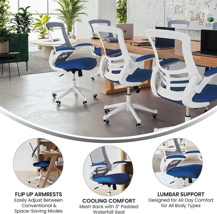 Produktbild Flash Furniture Ergonomischer Schreibtischstuhl, Blauer Netzstoff, Weisser Rahmen