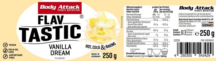Valori nutrizionali e ingredienti Body Attack Flav Tastic (barattolo da 250g) (Vaniglia, 1 x, 250 g)