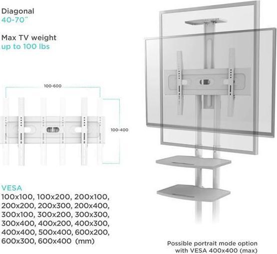 Produktbild Onkron TV mobile stand for 40-70", max45kg, VESA 600x400, shelves, height adjustable, white (45 kg, 40" - 70")