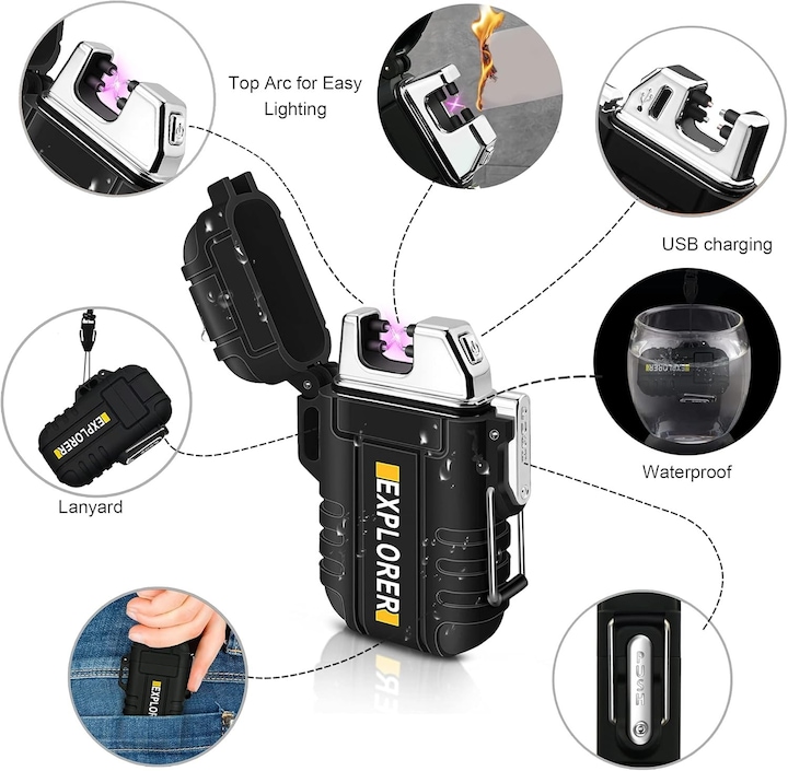 Image du produit Swissdetector Briquet électrique à double arc - rechargeable USB - étanche - Noir