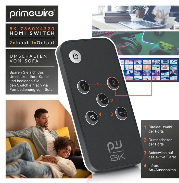 Actual product image Primewire 2-port HDMI 2.1 switch, 8K switch, 2 in 1 Out UHD, splitter with remote control, UHD 8k 4k 60 Hz