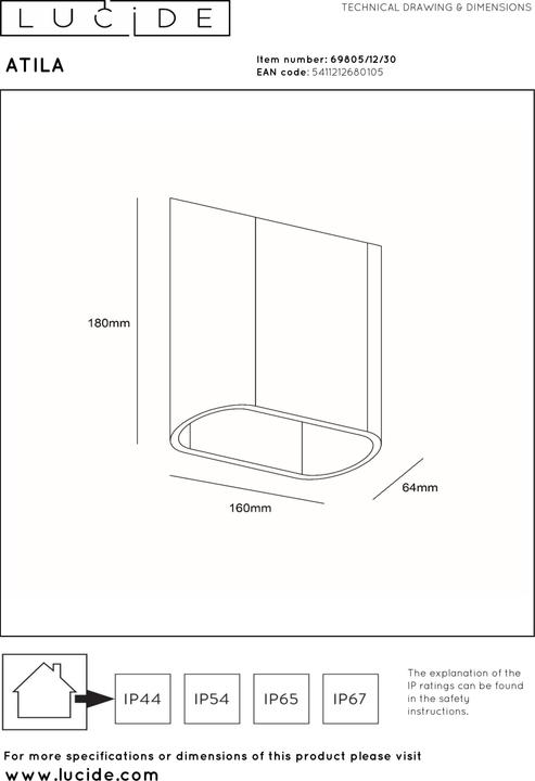 Produktbild Lucide ATILA LED Wandleuchte 2-fach 5W dimmbar IP65 Warmweiss Modern Schwarz 69805/12/30 (500 lm, IP65)