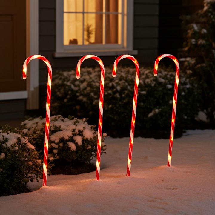 Produktbild Koopman LED-Gartenstecker Zuckerstange, 4 Stück, rot-weiss, je H 74 cm