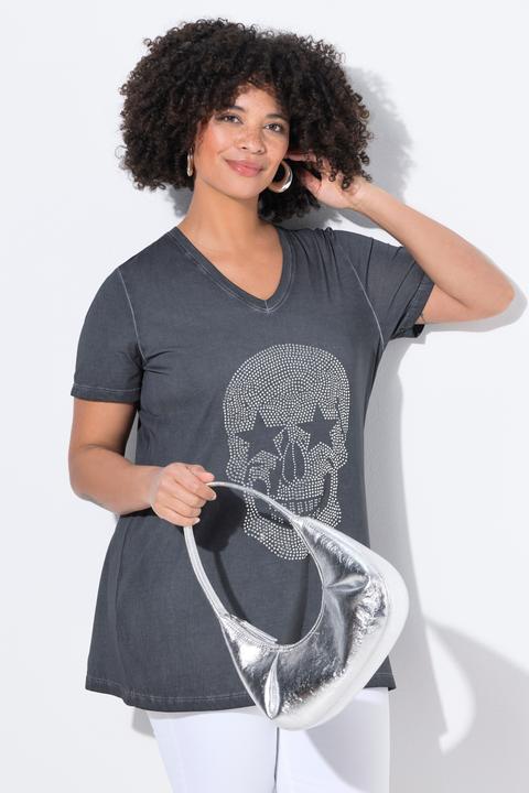 Image du produit Angel of Style T-shirt motif tête de mort avec petits strass scintillants, coupe confortable (44)